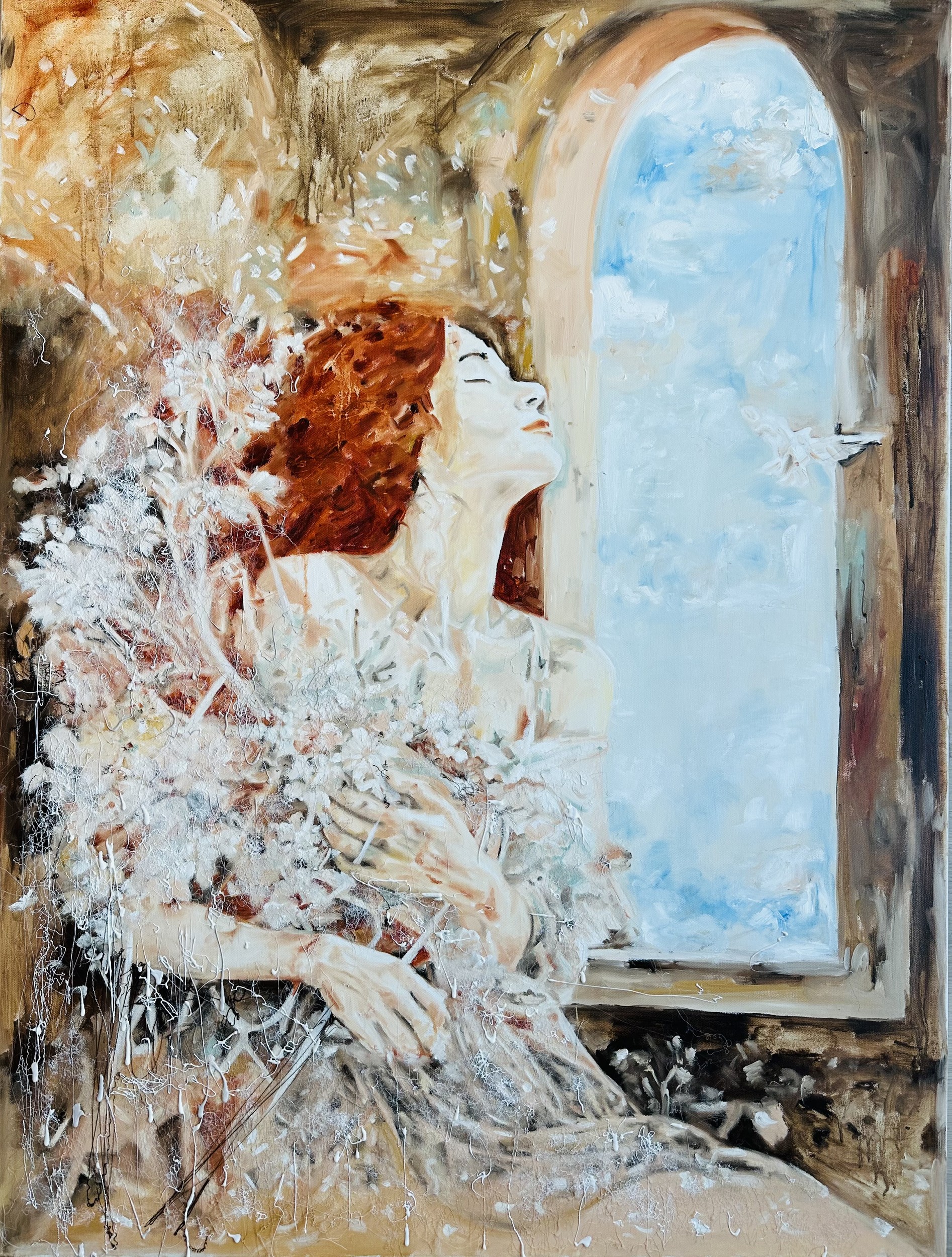 The Window Has No Outside, 2026 — oil on canvas by Hadis Bahrami, 46 × 35 in, from the series Between Home and Horizon.